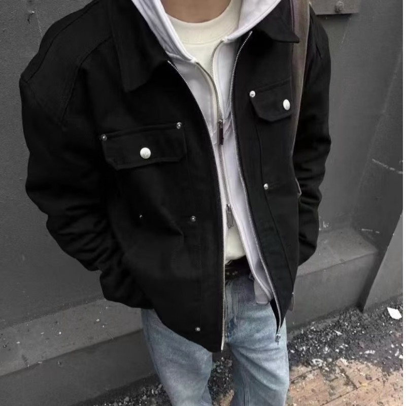 Giacca in denim nero con borchie in cotone, nuova tendenza giacca con cerniera larga hip-hop da uomo per primavera e autunno_voghion.com