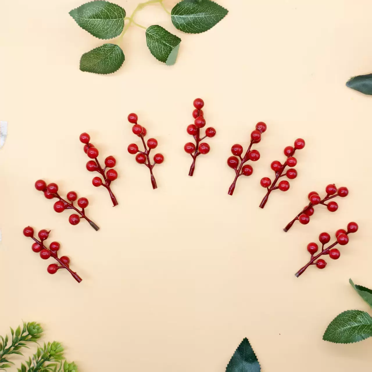 仿真绿植红果枝圣诞藤条装饰挂件7头小七叉冬青果挂饰发财果