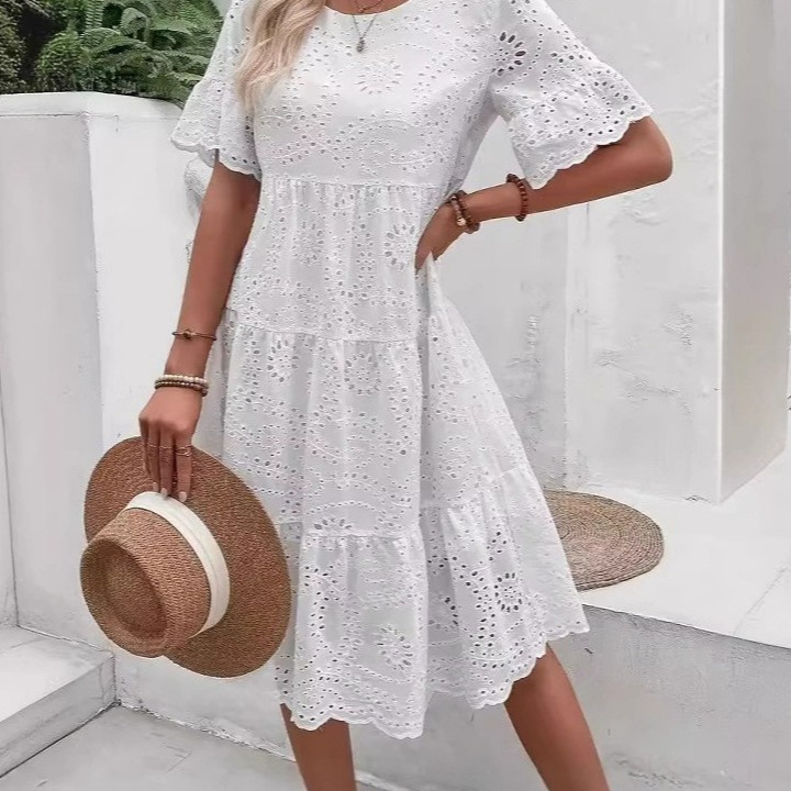 Overseas Tk Amazon European and American Fashion New Style Wish Hot-Selling Solid Color Pure Cotton Embroidered Lace Hollow-Out Dress Overseas Tk Amazon European and American Fashion New Style Wish Hot-Selling Solid Color Pure Cotton Embroidered Lace Hollow-Out Dress