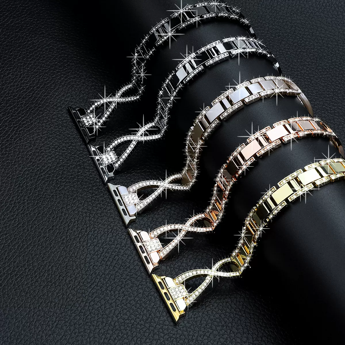 新款适用applewatch苹果表带45678代22MM交叉镶钻链条金属表带