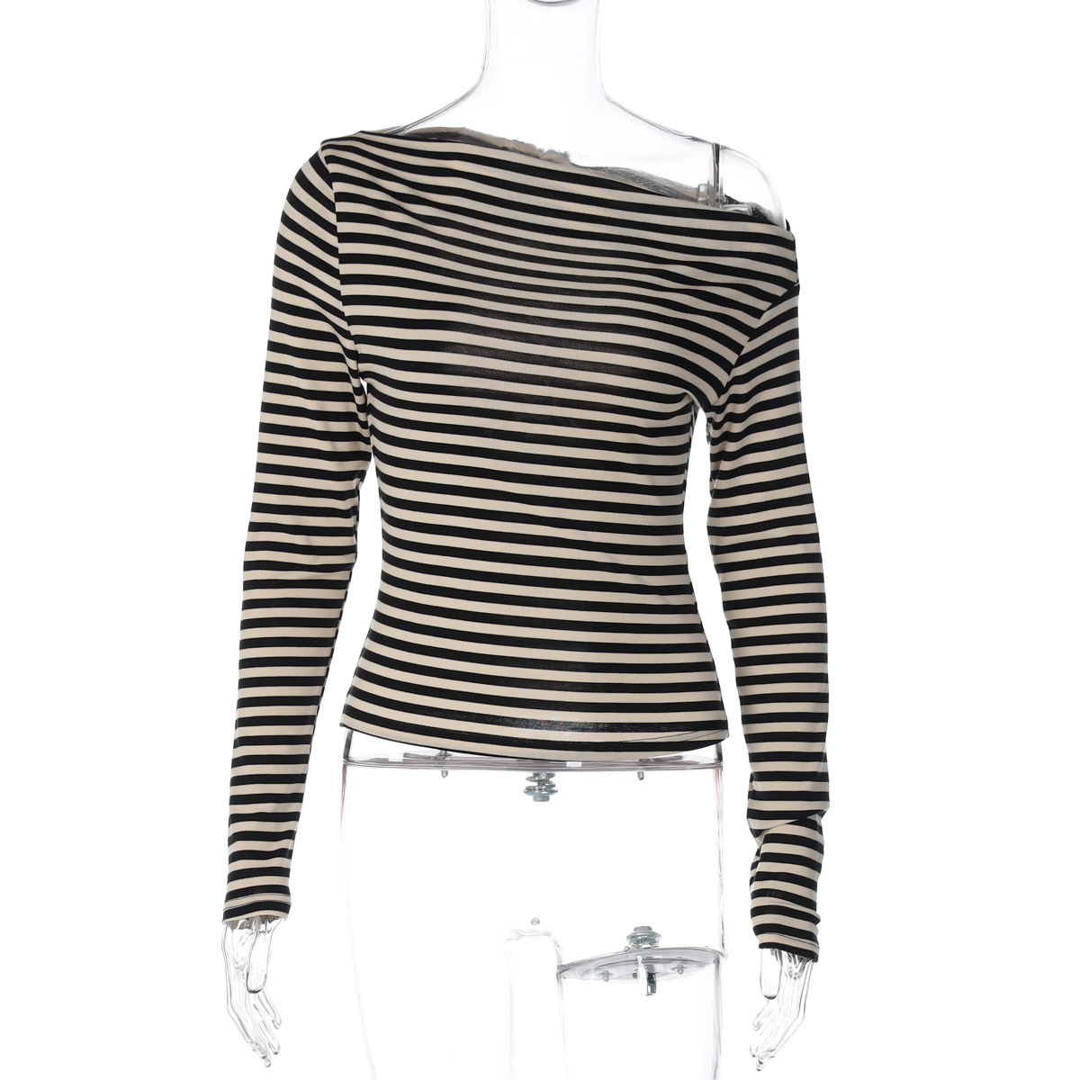 Damen-Langarmshirt mit Kontraststreifen, modernes, geripptes Stricktop mit eckigem Ausschnitt, schmal geschnittenes Stretch-Basic zum Layern_voghion.com
