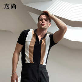 2026新款独立站ebay外贸跨境欧美男装 条纹立领时尚修身男士T恤