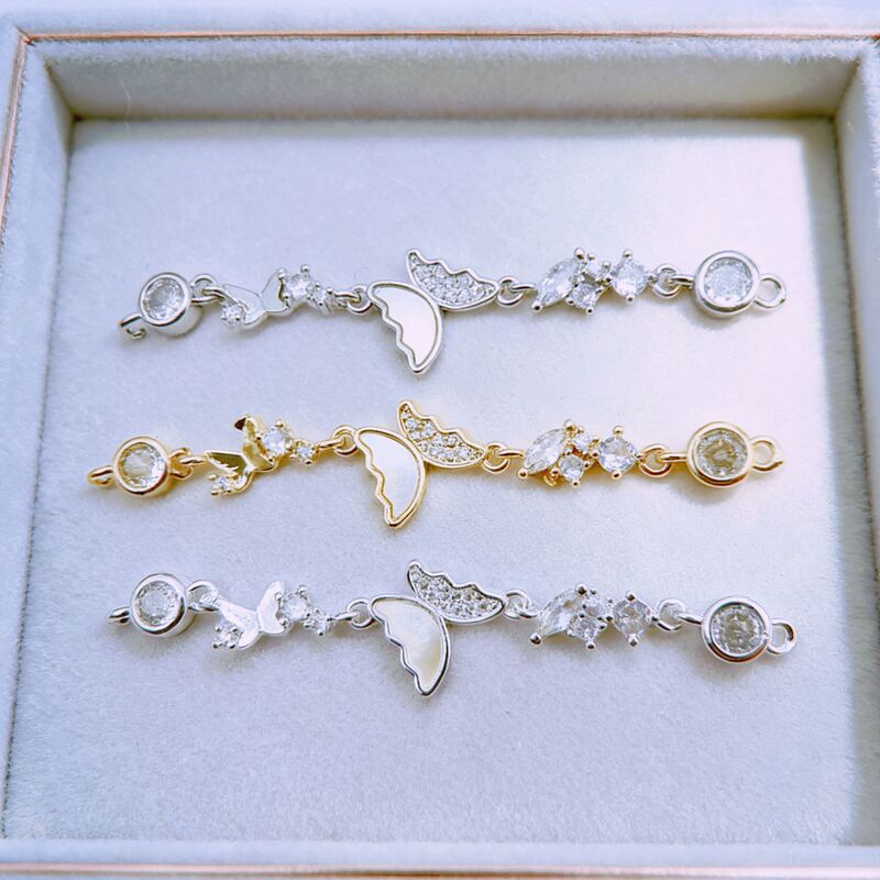 18K Gold-Plated Copper Zircon Inlaid Mother-Of-Pearl Butterfly Long Connector DIY Jewelry Accessories Wholesale Manufacturer Full Diamond Butterfly