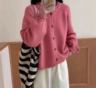 2024 autumn and winter new women's lazy wind loose solid color knitted cardigan women's sweater coat red dark gray