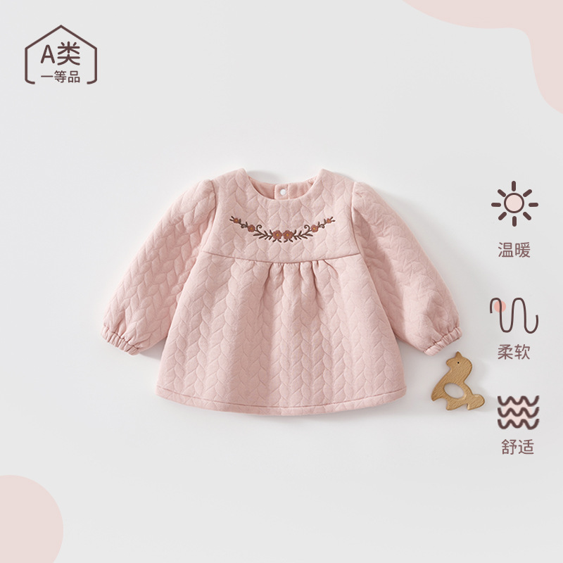 Baby Fresh and Versatile Three-Layer Warm Quilted Pure Color Embroidered Outing Dress Baby Girl Cute Warm Skirt