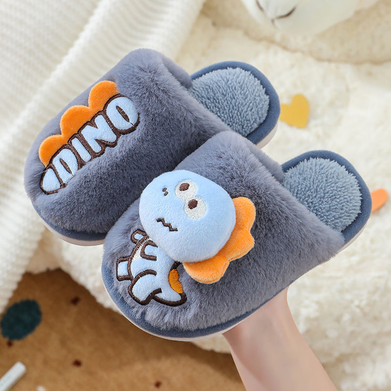 Zapatillas de piso de invierno para niños de dibujos animados de fondo suave casa lindo dinosaurio cálido peludo Grandes Medianas y pequeñas Zapatillas de algodón para bebés