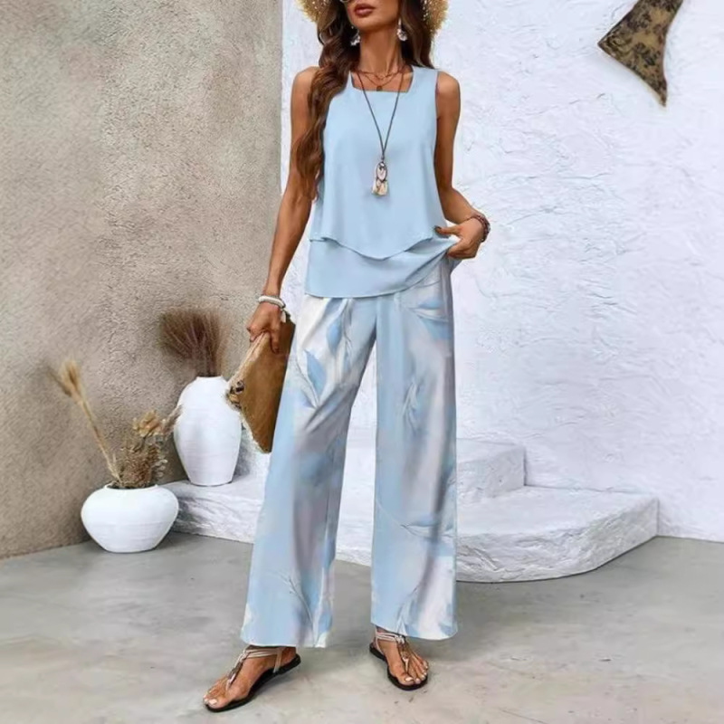 2026 Spring/Summer Cross-Border Amazon European and American Women's Fashion Independent Platform Sleeveless Double-Layer Vest and Pants Printed Set