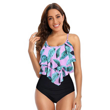 欧美跨境外贸新款高腰两件套泳衣女亚马逊荷叶边保守分体比基尼女