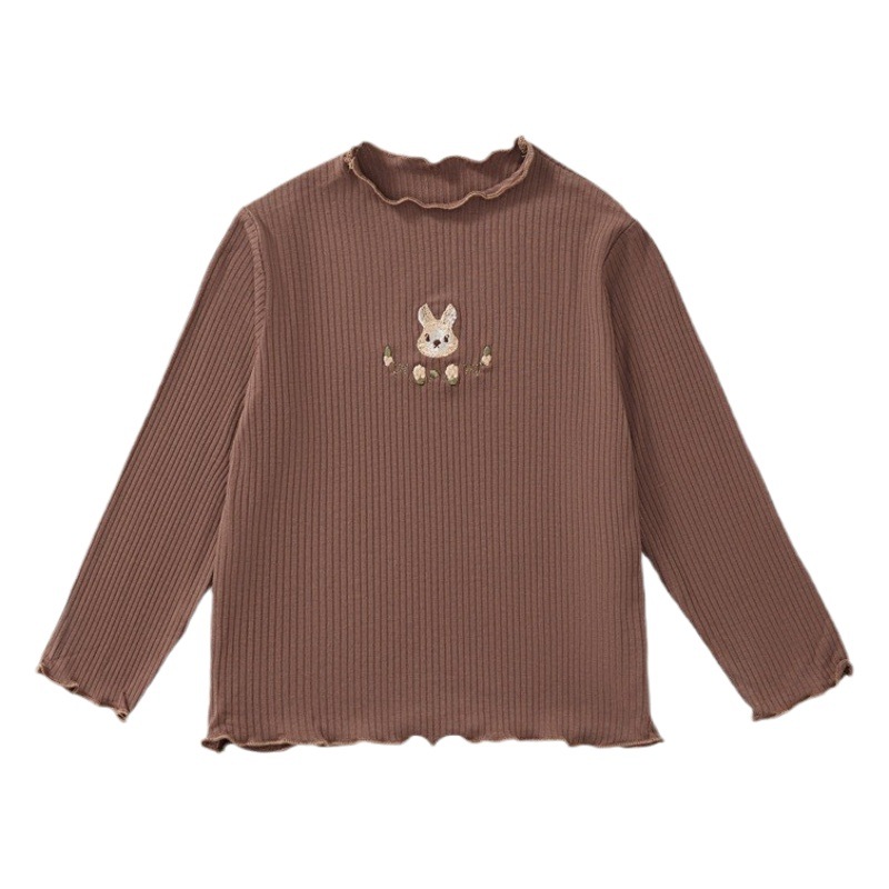Camiseta de Manga Larga Elástica de Terciopelo Acanalado para Niñas, Otoño 2025, Bordado de Conejito, Estilo Coreano, Dulce y Linda, Venta al por Mayor