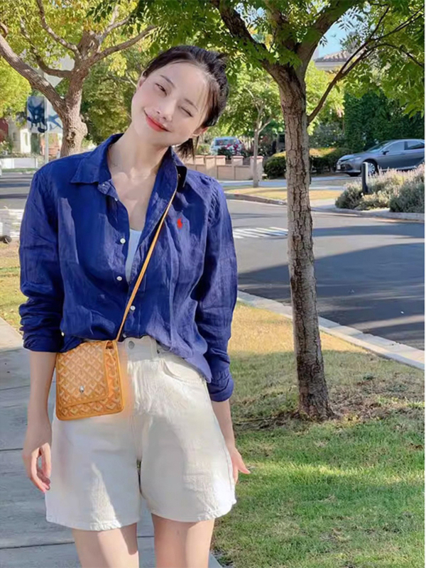 法国外单夏薄防晒亚麻白色衬衫女早秋季宽松休闲棉麻长袖上衣|undefined