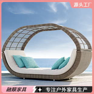 Outdoor Rattan Villa Club Bathroom Swimming Pool Courtyard Balcony Leisure Recliner Rattan Beach Bed Waterproof Rattan Bed
