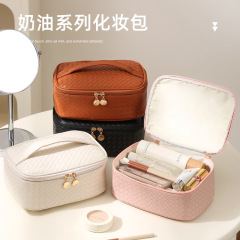 跨境編織紋時尚拉鏈防水洗漱包 外出便攜式大容量皮革化妝包
