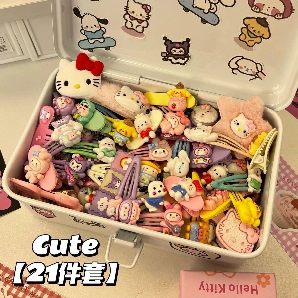 Набор заколок для волос (Hello Kitty) — фуксии кудрявые заколки и резинки, наборы 4–21 штука