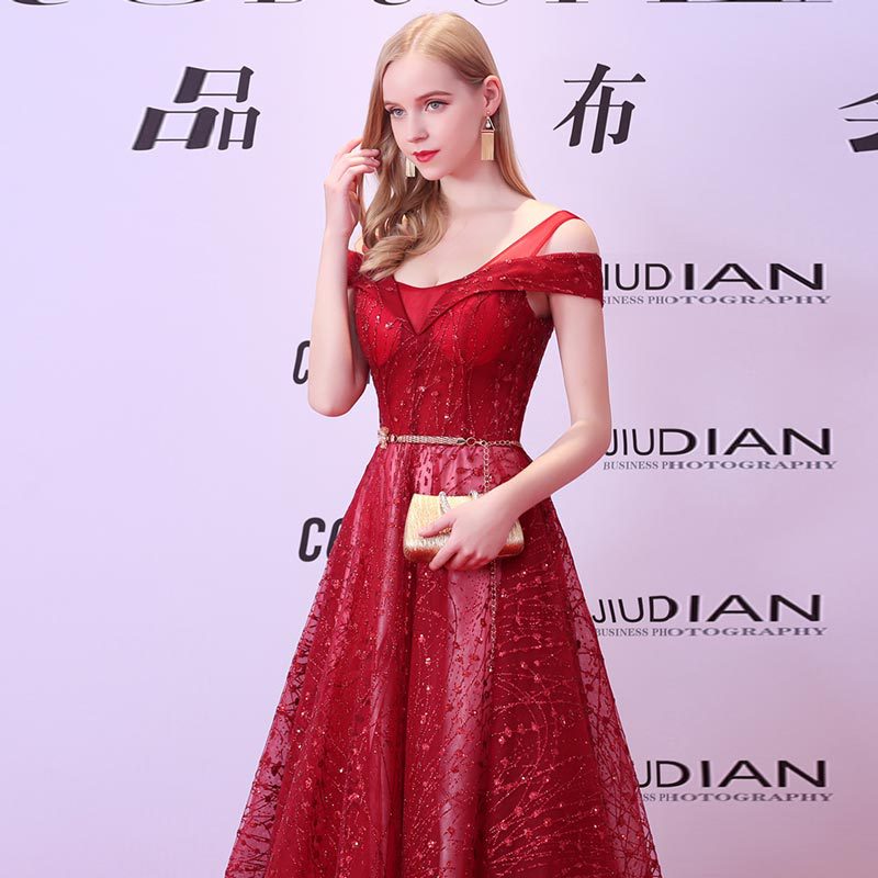 El comercio exterior de Europa y América Amazon AliExpress deseo nuevo encaje lentejuelas fuera del hombro vestido de noche tostada boda Vestido de banquete