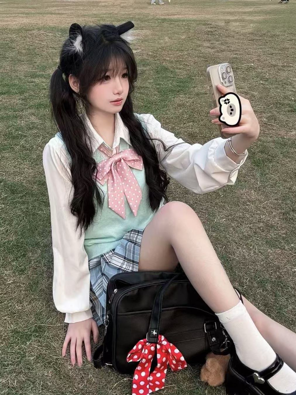 오리지널 일본 JK 유니폼 새로운 스타일의 느슨한 파란색 격자 무늬 스커트 대학 스타일 풀오버 조끼 여자 학교 섹시한 부드러운 소녀 정장