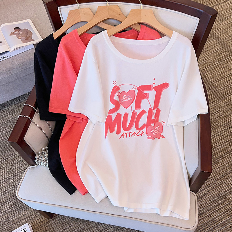 Plus-Size Women's Summer Clothing, Ice Silk Knitted Top, Slimming for Chubby Girls, 200/ 150kg Short-Sleeved T-Shirt 8555