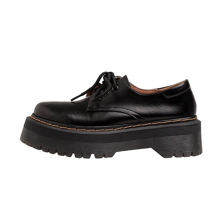 Yang mi mismo estilo suave chica negro JK zapatos de cuero de las mujeres primavera nuevo estilo británico punta redonda con cordones de la plataforma altura aumento mocasines