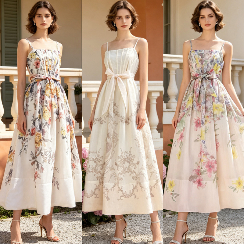 Australian New Holiday-Style Retro Printed Summer Fishbone Suspender Dress with Elastic Waist and Tie at the Back, Mid-Length Dress