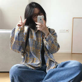 多巴胺轻奢高级纯棉格子衬衫女内搭叠穿宽松休闲显瘦长袖衬衣外穿