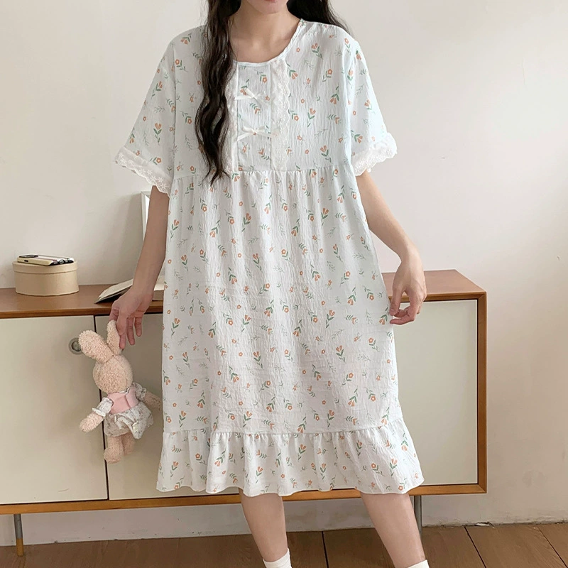 Ночная рубашка для женщин, летняя тонкая хлопковая свободная ночная рубашка средней длины с принтом, домашняя одежда, летняя ночная рубашка
