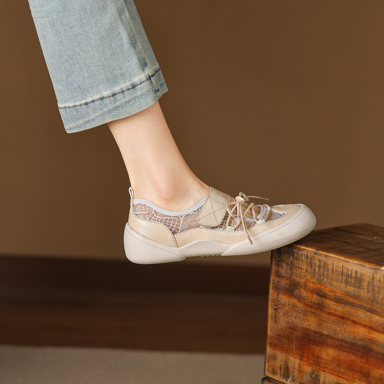 Giày sneaker nữ đế dày ren lưới phối màu cổ thấp — màu trắng ngà chi tiết 52