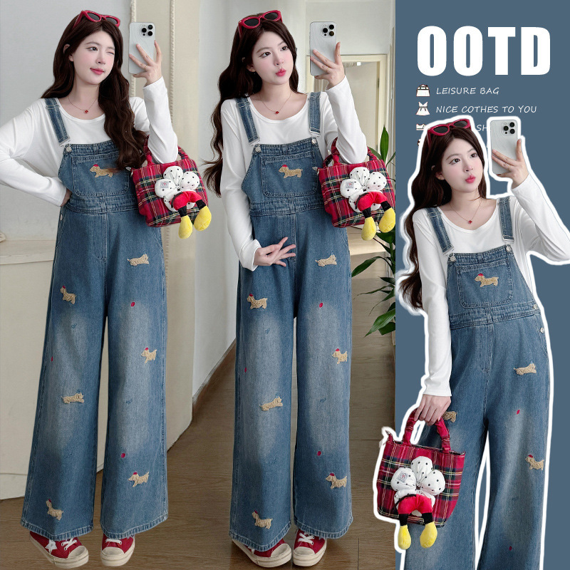 Pregnant Women's New Spring Style Korean Style Loose Casual Simple Denim Overalls + Modal Cotton T-Shirt Trendy Mom Set Pregnant Women's New Spring Style Korean Style Loose Casual Simple Denim Overalls + Modal Cotton T-Shirt Trendy Mom Set