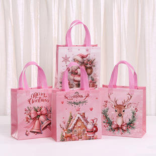 Non-Woven Christmas Printed Pink Handheld Gift Bag Holiday Gift Packaging Bag Shopping Bag Wholesale