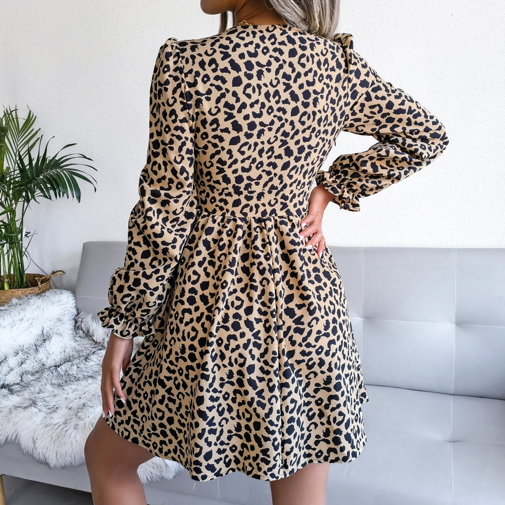 Long Sleeve V Neck Waist-Slim Leopard Print Dress NSBJ112124