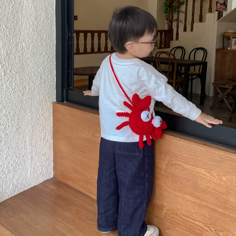 Caricatura divertida, mochila de hombro para niños y niñas, gancho tejido lindo, mochila de cangrejo bebé, nueva bolsa mini para niños