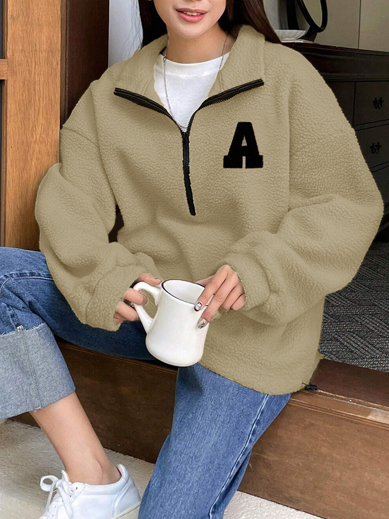 Sweatshirt Polar Fleece Autumn Winter Loose Long Sleeve Sweatershirt Half Zipper