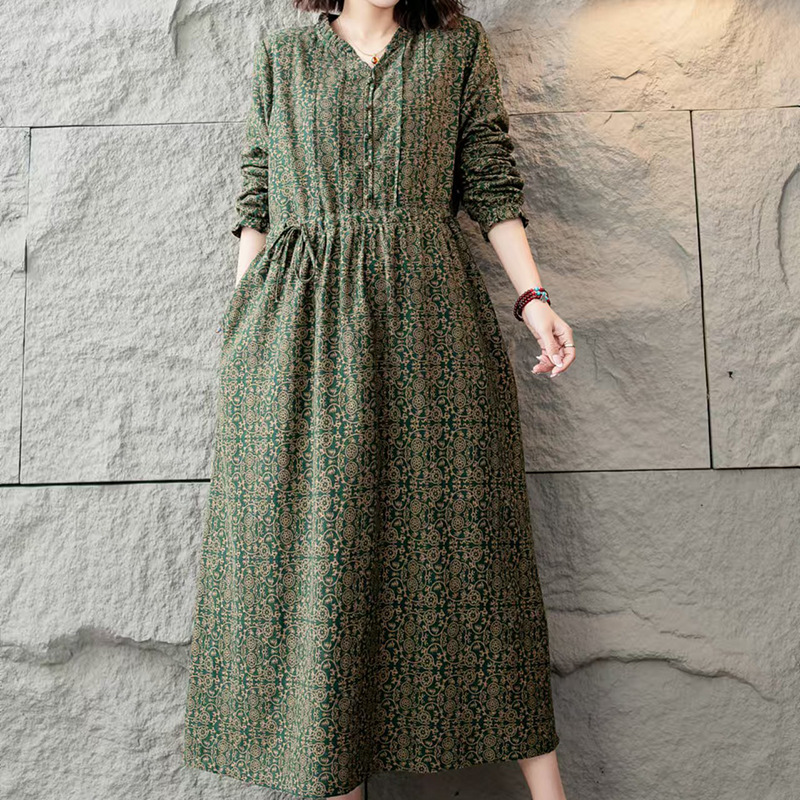 2025 spring and autumn cotton and linen floral dress lace collar long sleeve waist long women's dress