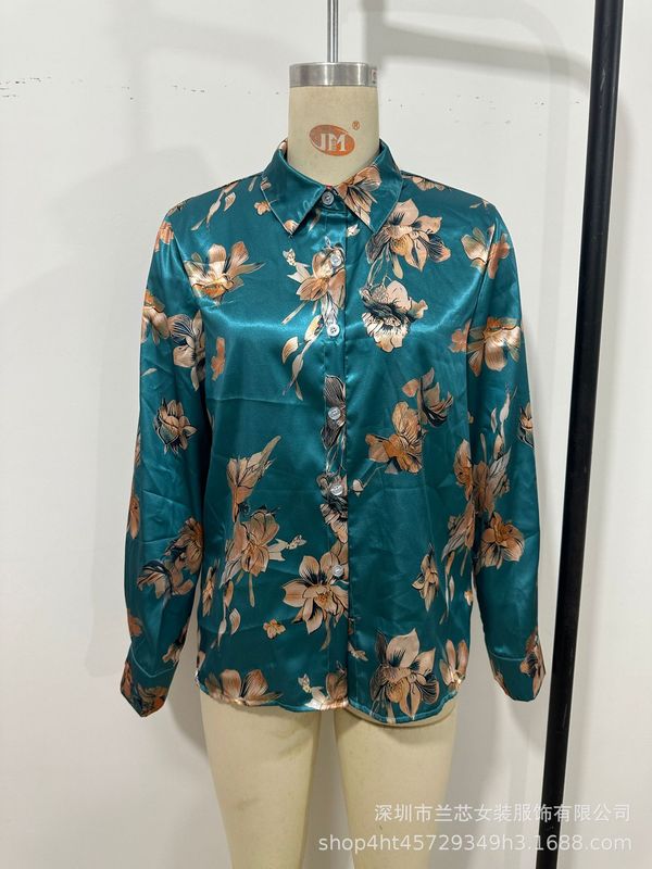 [標準コード] ゴールデンロータスプリントシャツ春夏ラペル気質サテンスリム長袖プロフェッショナルシャツ|undefined