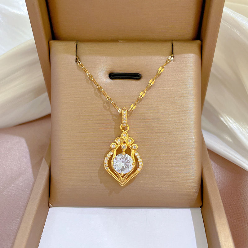 Damen Wassertropfen Halskette Mit Edelstein Aus Edelstahl Gold_voghion.com