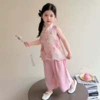 Летний костюм Тан для девочек Hanfu 2025, новый стильный детский комплект из двух предметов в стиле Республики Китай, новый летний наряд в китайском стиле для маленькой девочки