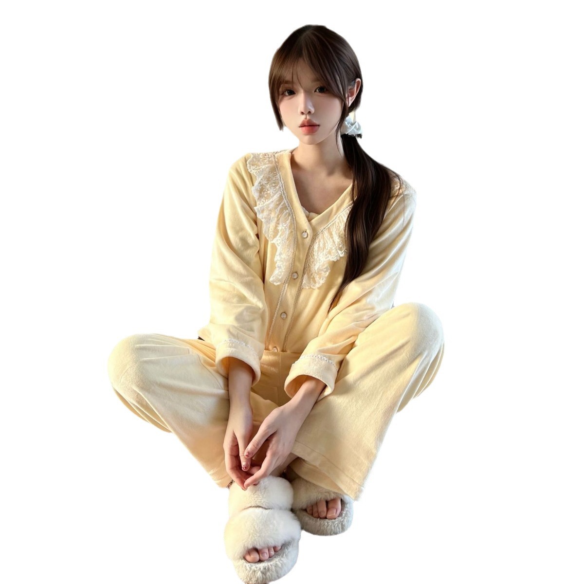[섬 벨벳] 새 가을과 겨울 양각 나비 달콤한 귀여운 고급 긴소매 여성 잠옷 3 피스 카디건