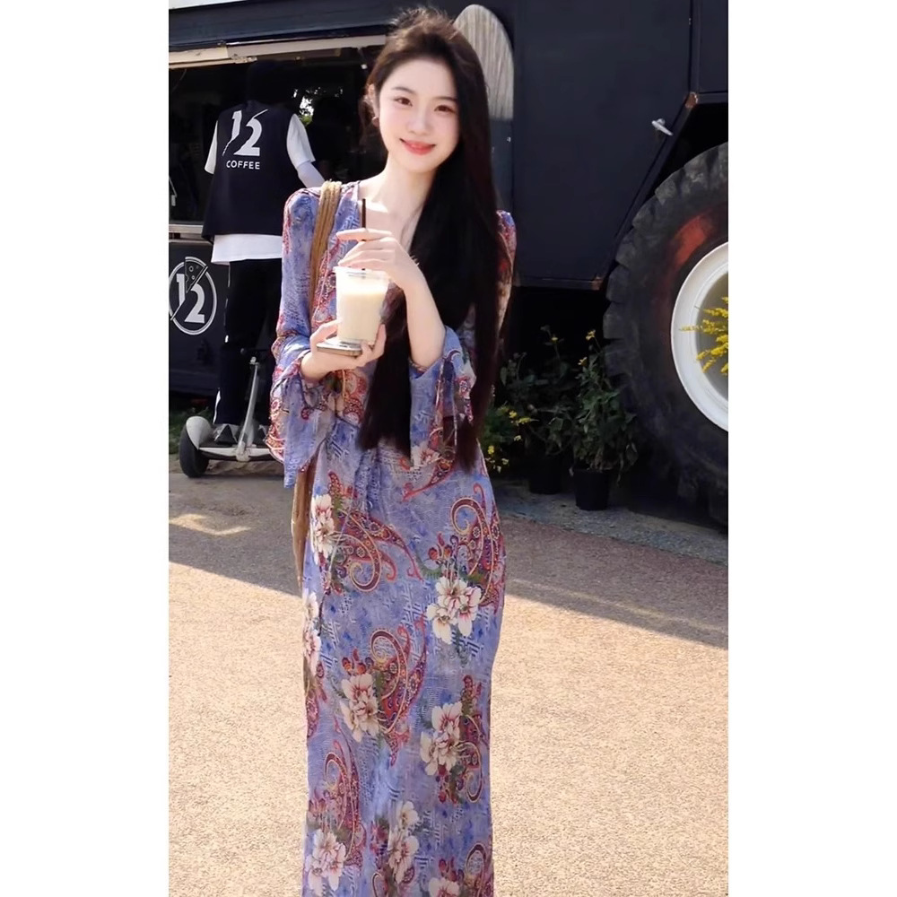 250444 꽃무늬 드레스 여름 여성 해변 휴가 스타일 느슨한 중간 소매 패션 라이트 럭셔리 하이 엔드 스커트