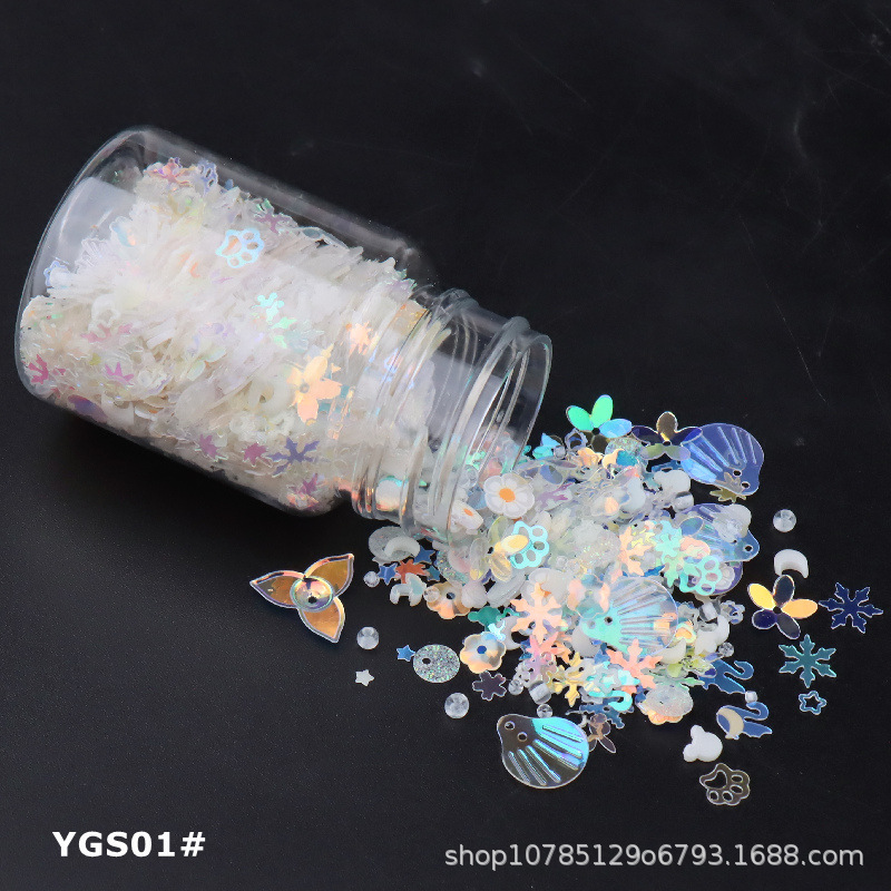 Internet celebridad efecto luminoso lentejuelas mixtas Concha mixta ciruela cóncava copo de nieve cuentas redondas DIY relleno Delgado