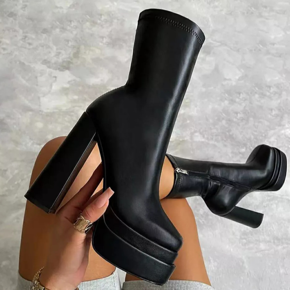 Spring high heel thick heel side zipper waterproof platform thick…
