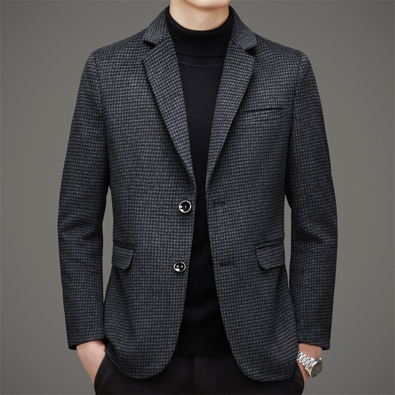 Autumn and Winter Woolen Blazer Men's Fashion Casual Plaid Slim Warm Wool Small Suit Single Suit Trendy