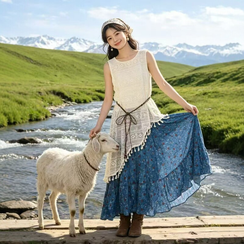 Xinjiang ethnic style sleeveless dress for women, summer jacquard patchwork long dress, holiday style artistic faux two-piece tank dress