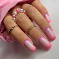 Mid-length European-style pink and purple French gradient glitter nail art for sweet girl with Instagram style fake nail set