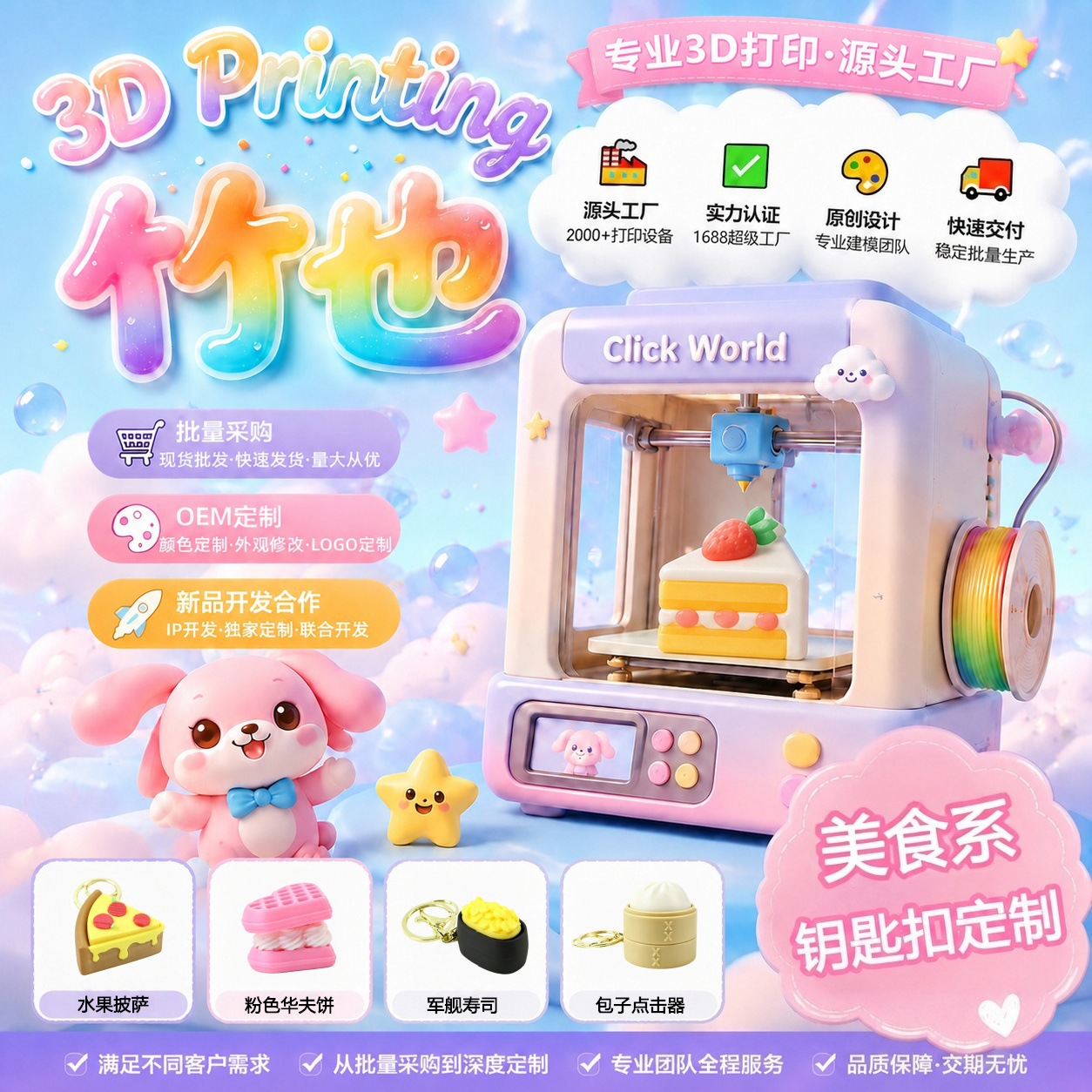 3D打印专业源头工厂美食系钥匙扣定制解压挂件高效交付玩具点击器