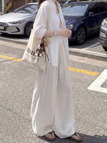 Navy blue linen wide-leg pants for women's summer 2026 new style loose drag-feeling casual cotton and linen small Yamamoto pants