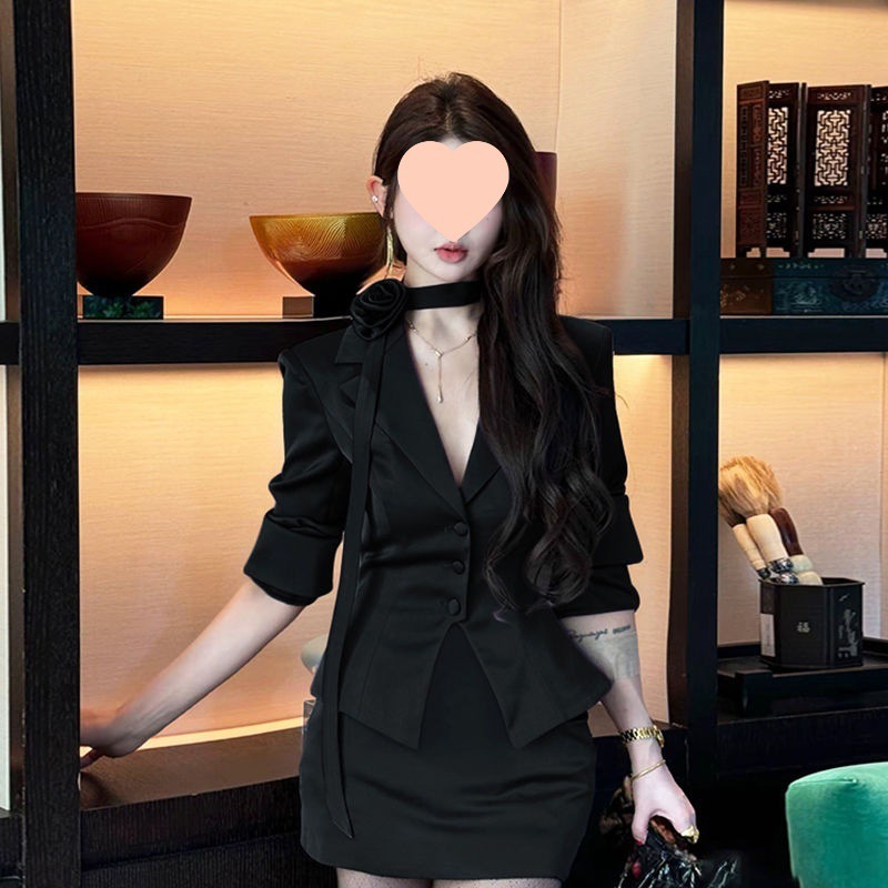 感辣妹紫色气质缎面小西装女秋季新款百搭包臀短裙子两件套装|undefined