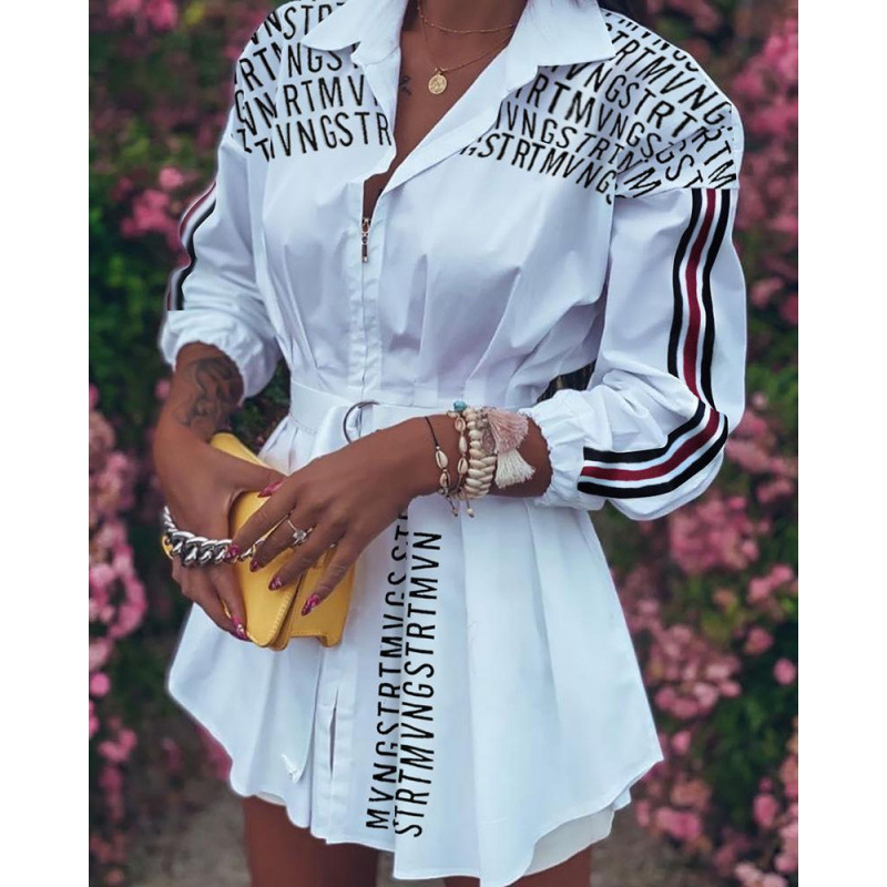 Cross-Border Hot Selling Wishebay New Fashion Printed Waist Shirt Strap Zipper Pleated Shirt