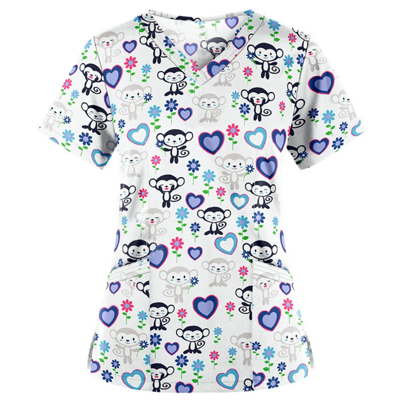 Animal Pattern Printed V-Neck Nursing Uniform Short-Sleeved 2024 Spring New Style Comfortable and Versatile Loose Casual Wb9