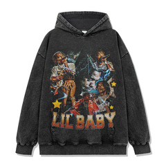Cross-border American hip-hop Baby Lil Baby printed short-sleeved T-shirt wash long-sleeved round neck loose hooded sweatshirt