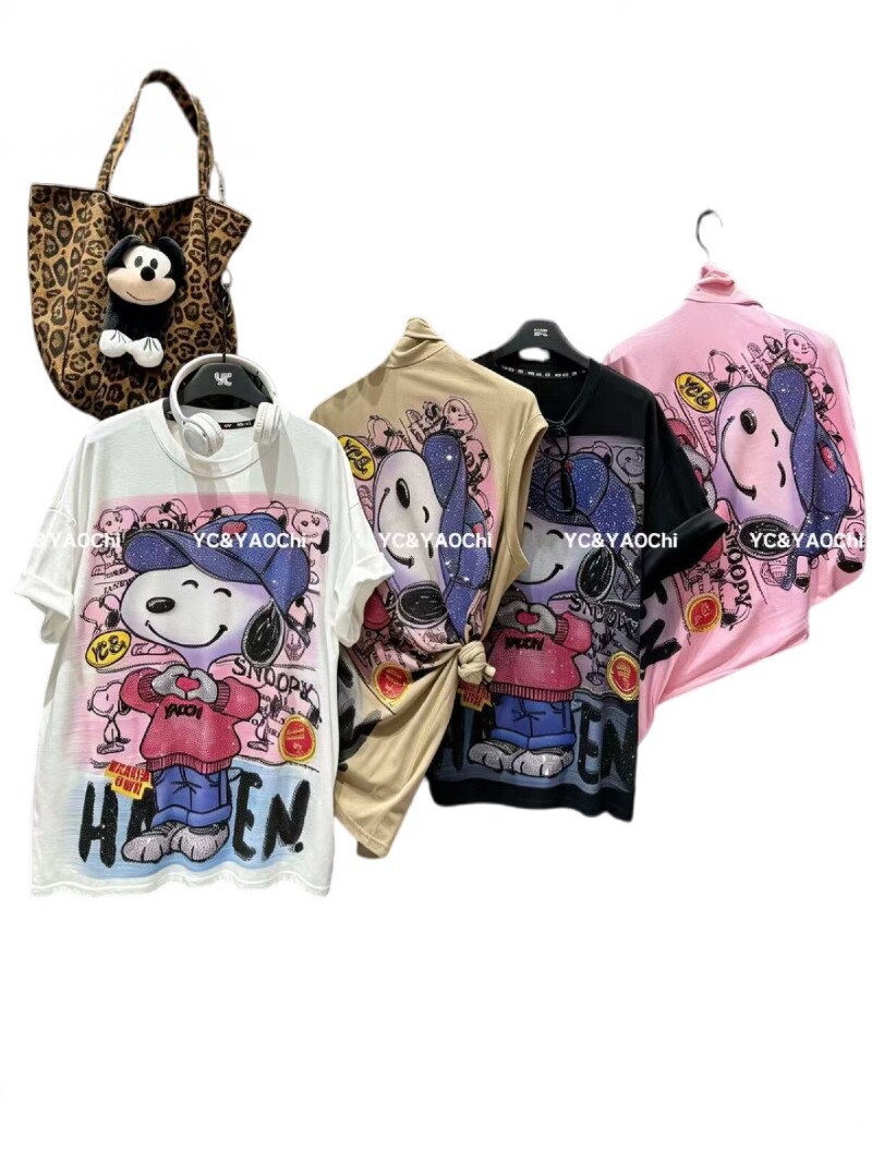 Transfronterizos de tamaño grande marca de moda Snoopy impresión de diamante caliente suelta camiseta de manga corta de mujeres coreanas de dibujos animados 2026 nuevo image 6