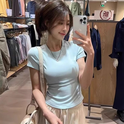 Women's Fitted T-shirt Short Sleeve Summer Round Neck Straight Shoulder Underwear to Show Chest Elastic Tight Hot Girl Style Sexy
