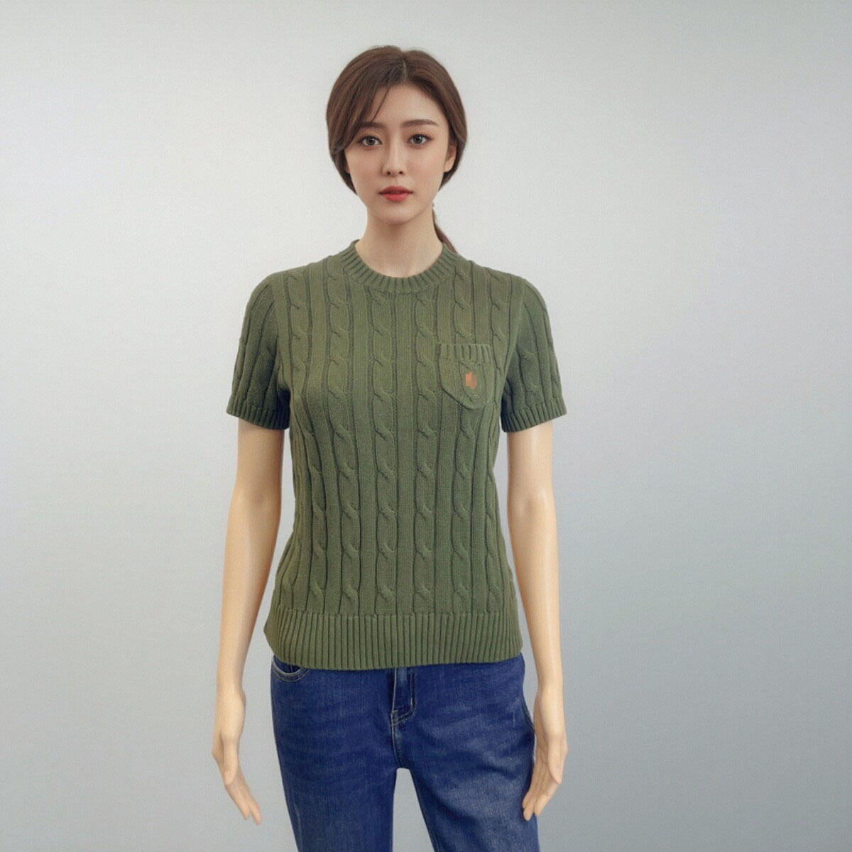 26早春女装拉/夫小马仔纯棉圆领短袖口袋绞花针织衫